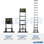 Teleskopstege 3,80 meter med teleskopisk stabiliseringsbalk - ALDORR Professional